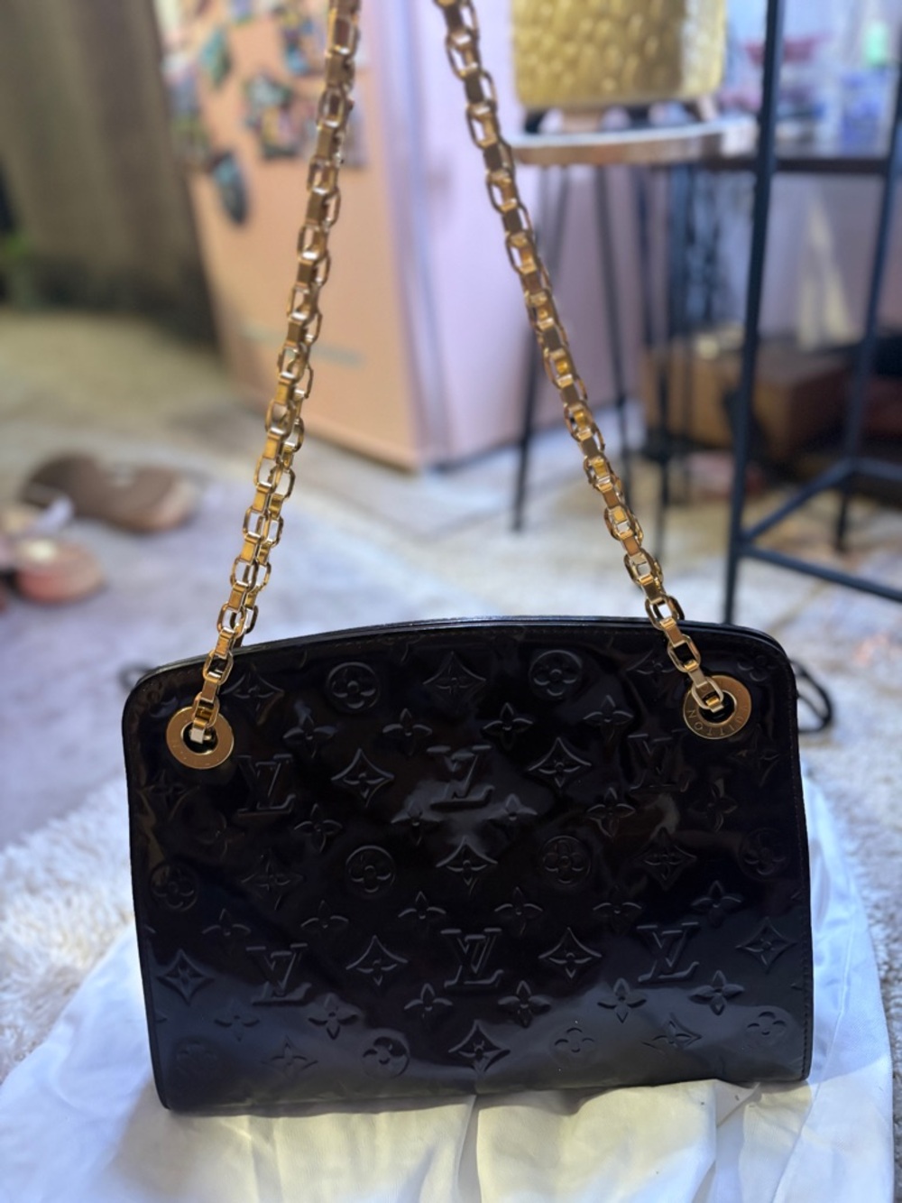 Louis Vuitton Dark Brown Vernis Monogram Shoulder Bag with Gold Chain